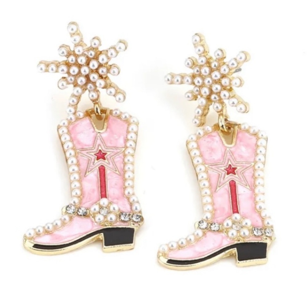 Western Style Cowgirl Boot Earrings with Pearl Accents Pink